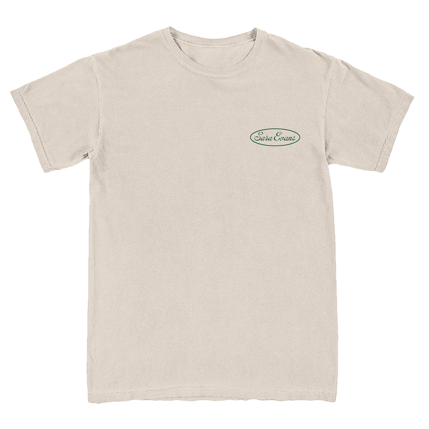 Beige t-shirt with a green logo on a white background