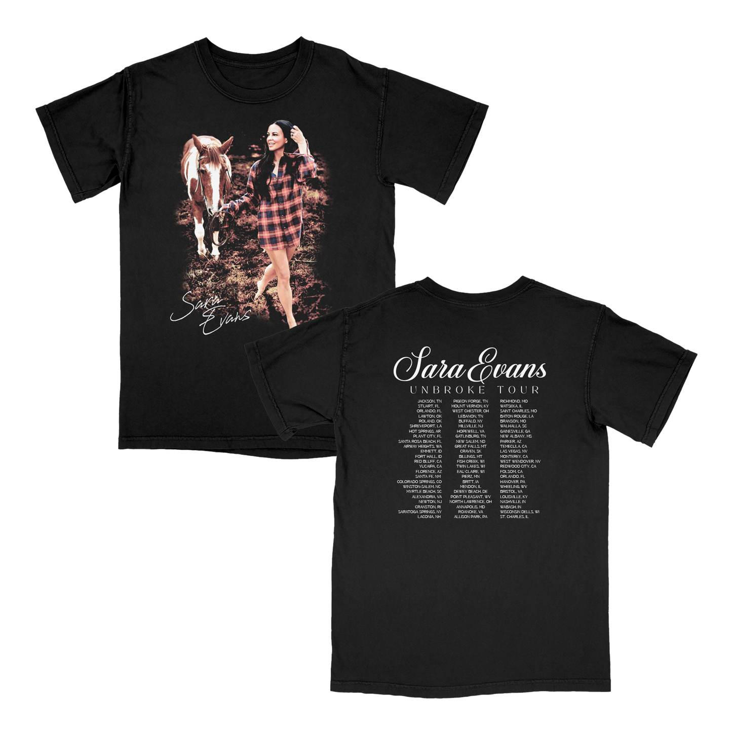 Black t-shirt with a graphic of a woman and horse on the front and concert tour dates on the back, featuring the name Sara Evans.