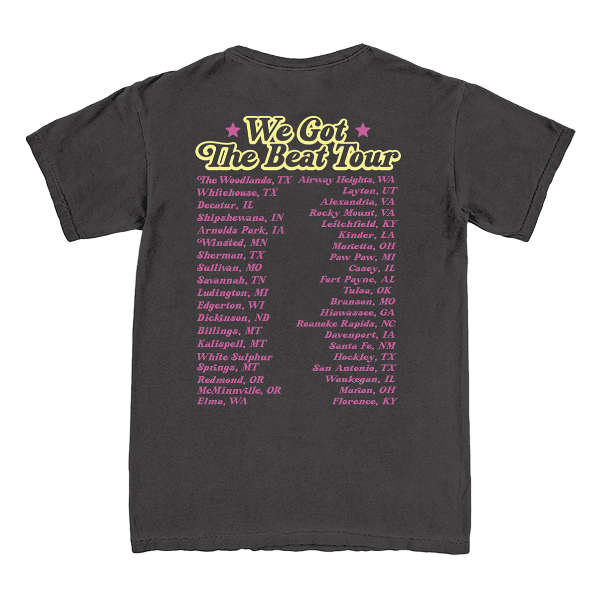 Black t-shirt with 'We Got The Beat Tour' text and list of cities on the back