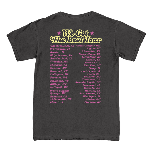 Black t-shirt with 'We Got The Beat Tour' text and list of cities on the back